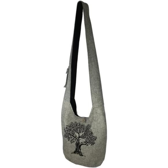 Large Sling Crossbody Shoulder Bag Purse Hippie Hobo Gypsy Bohemian, Grey Tree - Picture 2 of 7